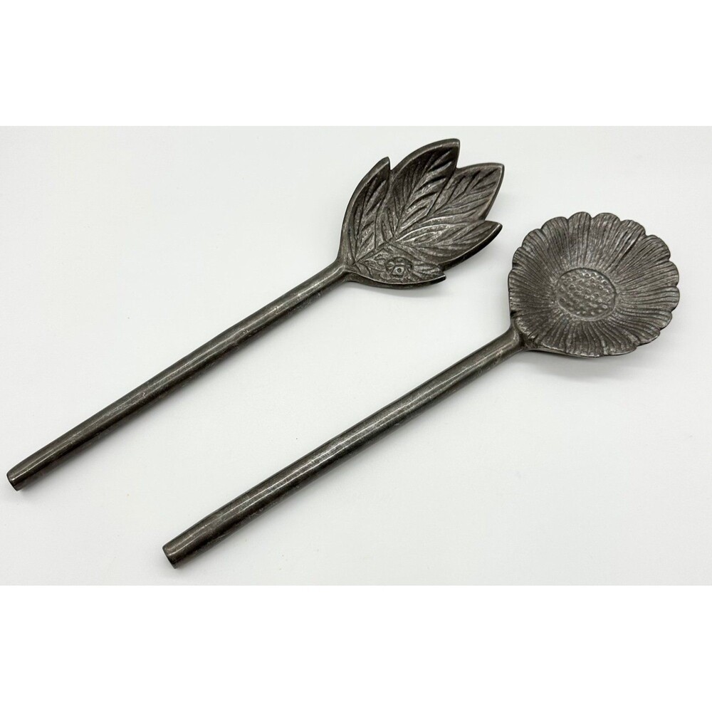 Pewter Leaf and Flower Salad Serving Set Fork & Spoon
